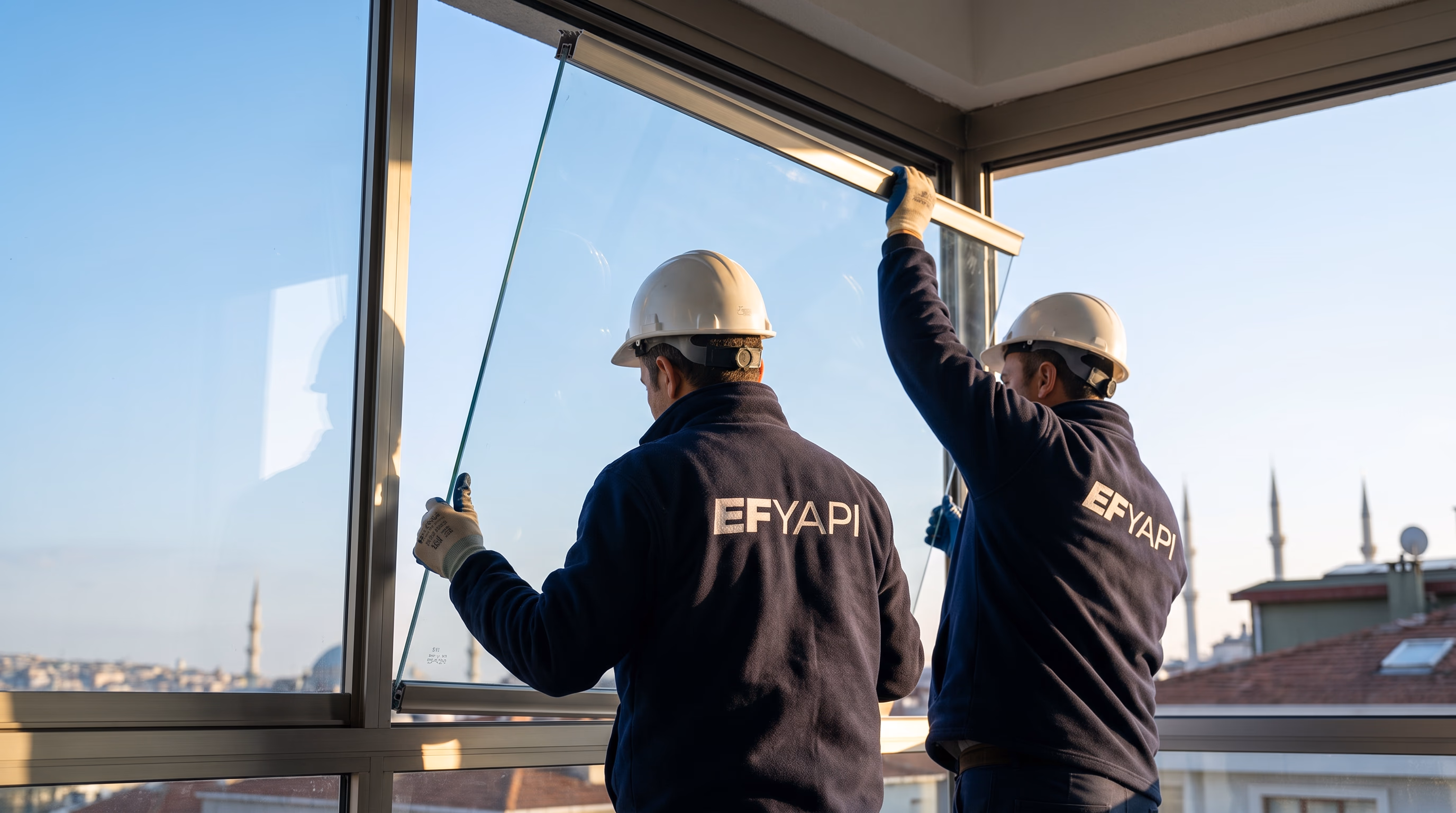 EF Yapı Dekor ekibi Eyüpsultan'da bir apartman balkonunda cam balkon montajı yaparken